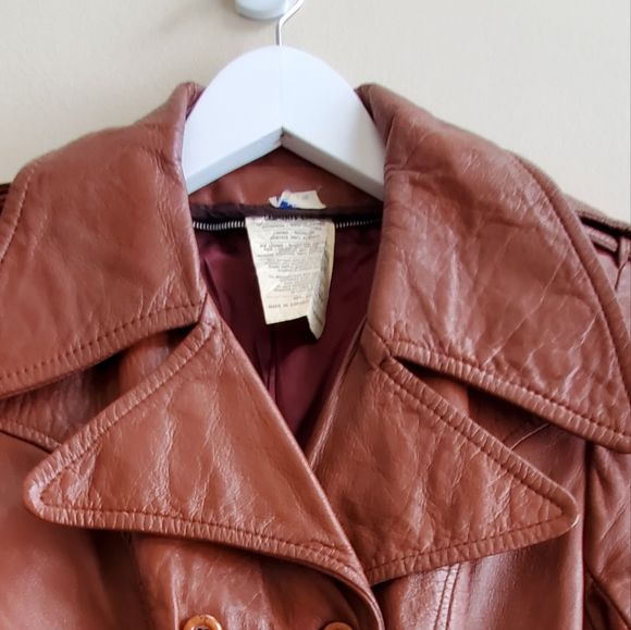 Vintage Cognac Genuine leather jacket fitted long double breasted, w self belt - Picture 10 of 16